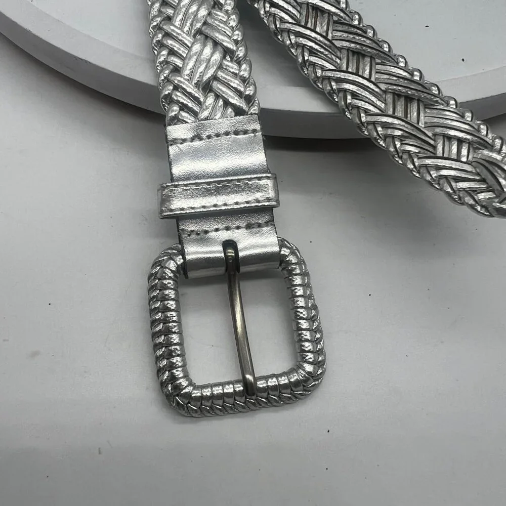 Vtg Metallic Silver Braided Leather‎ Belt Woven Buckle Design Women Size Small